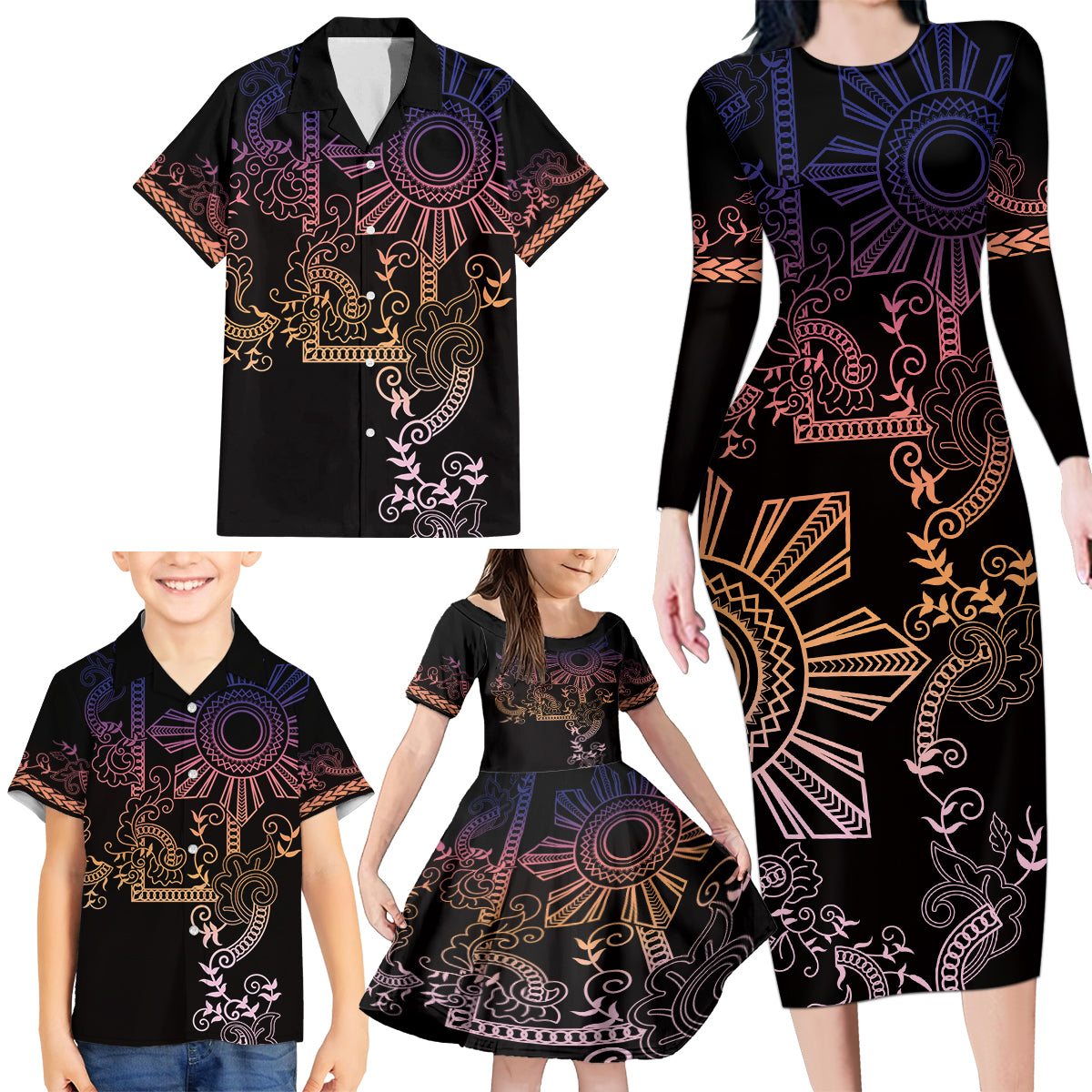Filipino Sun Tribal Tattoo Family Matching Long Sleeve Bodycon Dress and Hawaiian Shirt Philippines Inspired Barong Pink Art