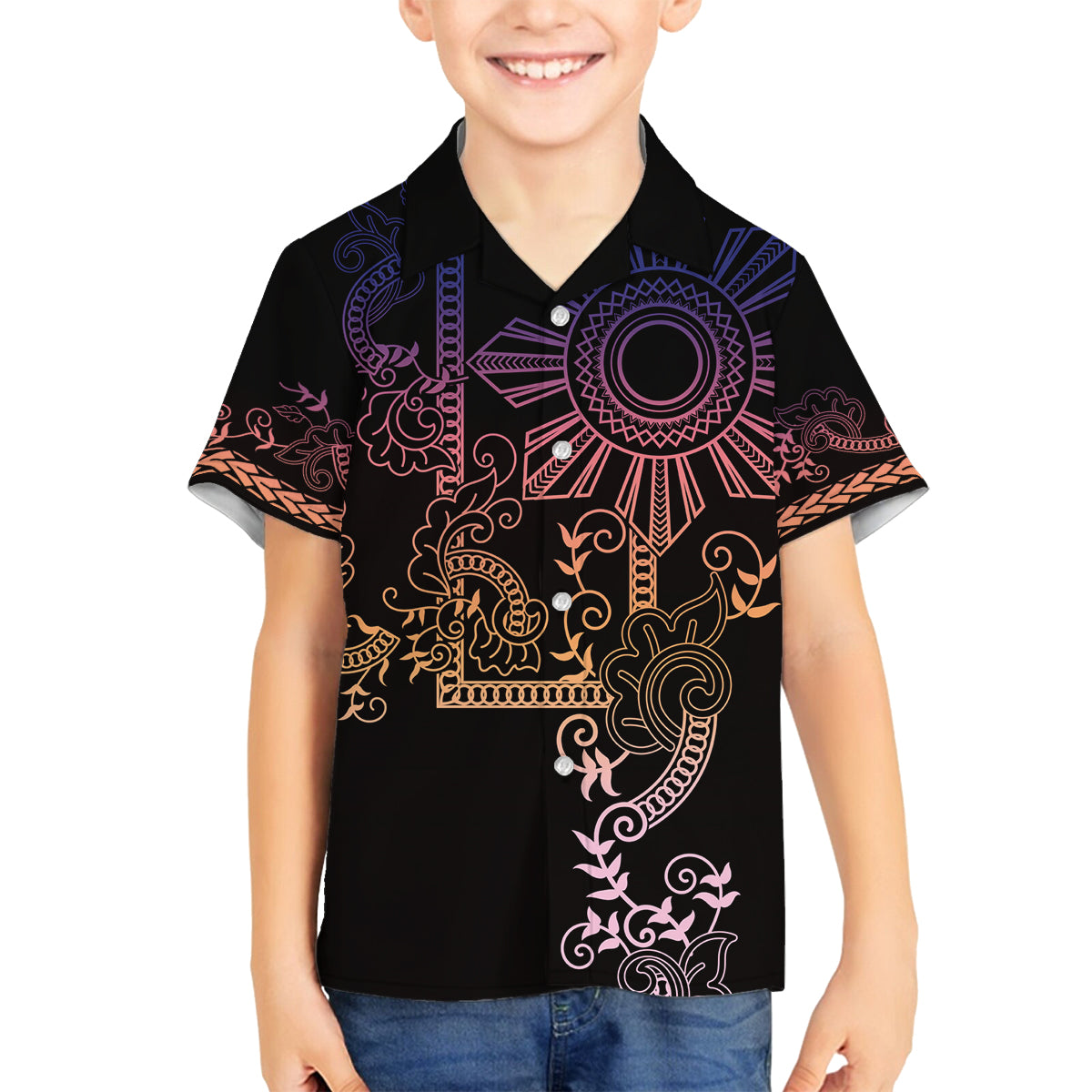 Filipino Sun Tribal Tattoo Family Matching Long Sleeve Bodycon Dress and Hawaiian Shirt Philippines Inspired Barong Pink Art