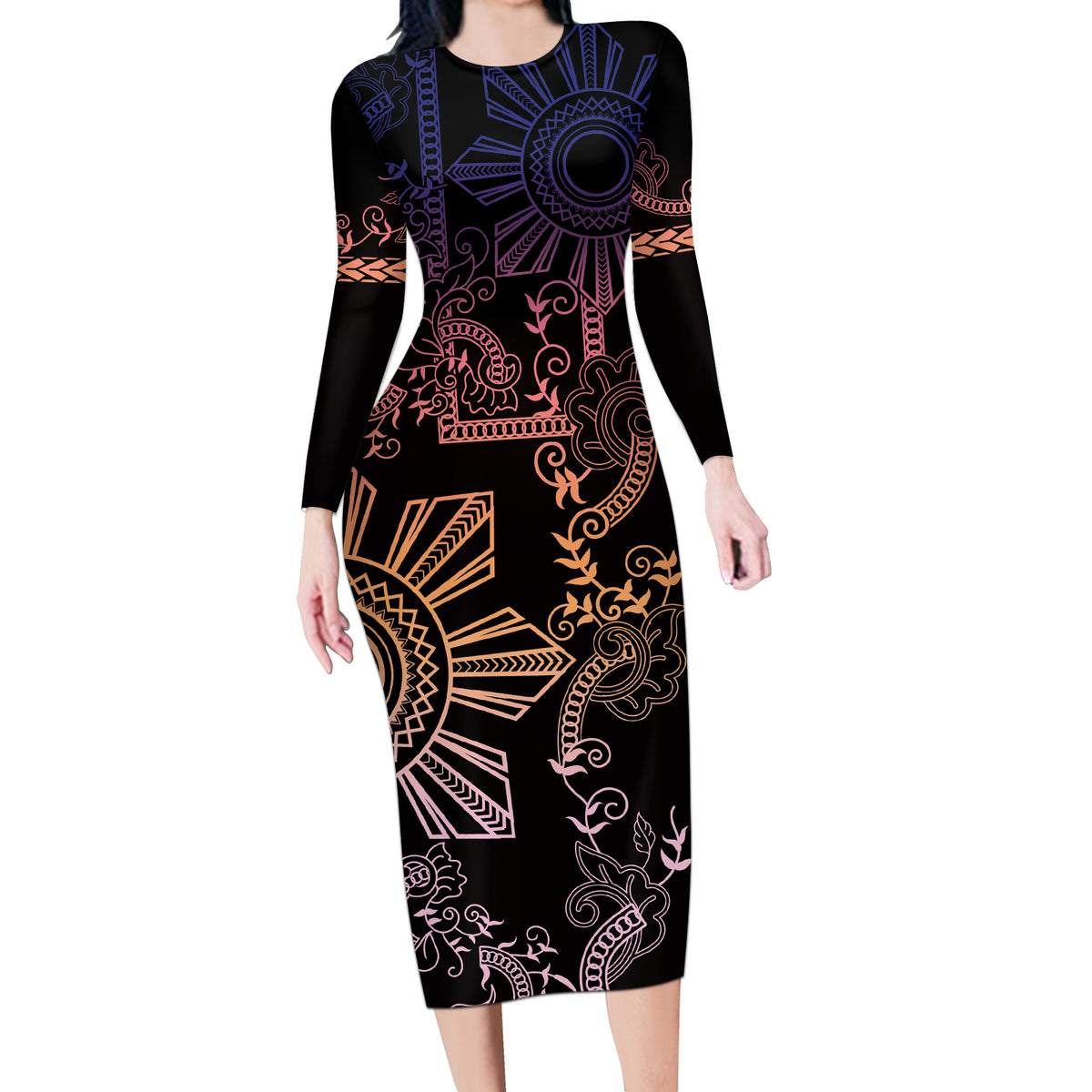 Filipino Sun Tribal Tattoo Long Sleeve Bodycon Dress Philippines Inspired Barong Pink Art