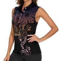 Filipino Sun Tribal Tattoo Women Sleeveless Polo Shirt Philippines Inspired Barong Pink Art