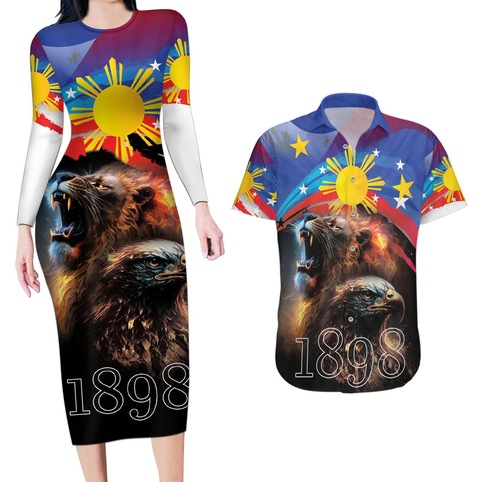 Philippines Lion and Eagle 1898 Couples Matching Long Sleeve Bodycon Dress and Hawaiian Shirt Pilipinas Maligayang Araw ng Kalayaan LT9 Black - Polynesian Pride