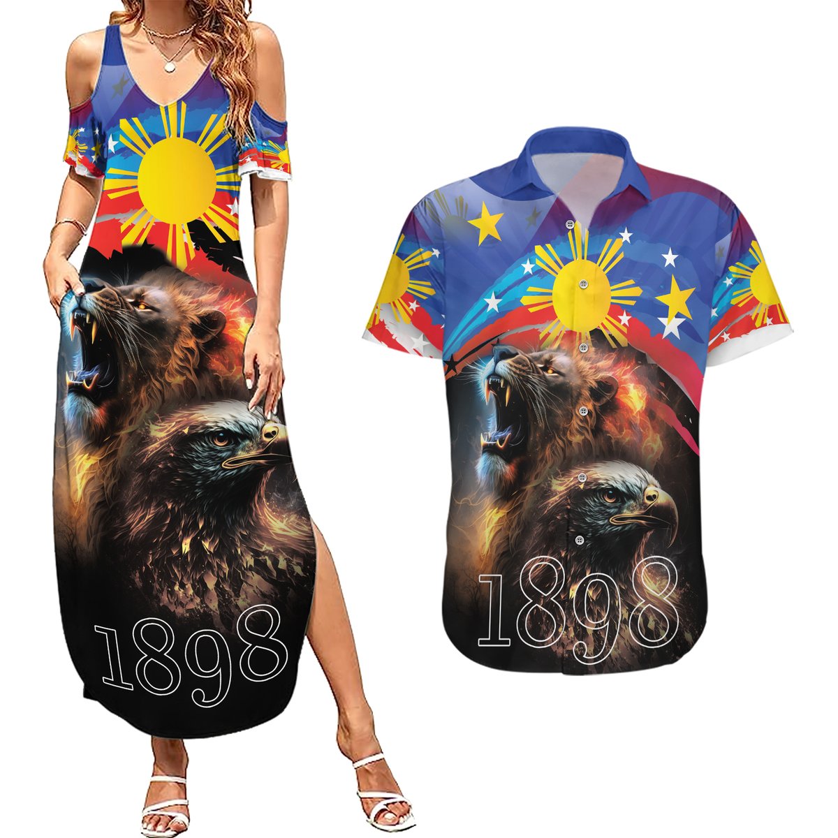 Philippines Lion and Eagle 1898 Couples Matching Summer Maxi Dress and Hawaiian Shirt Pilipinas Maligayang Araw ng Kalayaan LT9 Black - Polynesian Pride