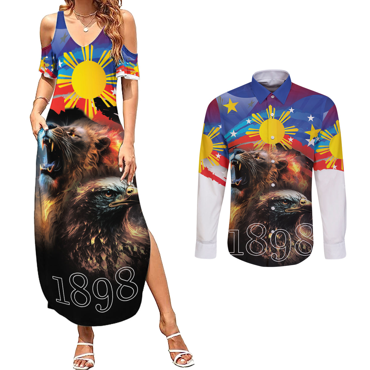 Philippines Lion and Eagle 1898 Couples Matching Summer Maxi Dress and Long Sleeve Button Shirt Pilipinas Maligayang Araw ng Kalayaan
