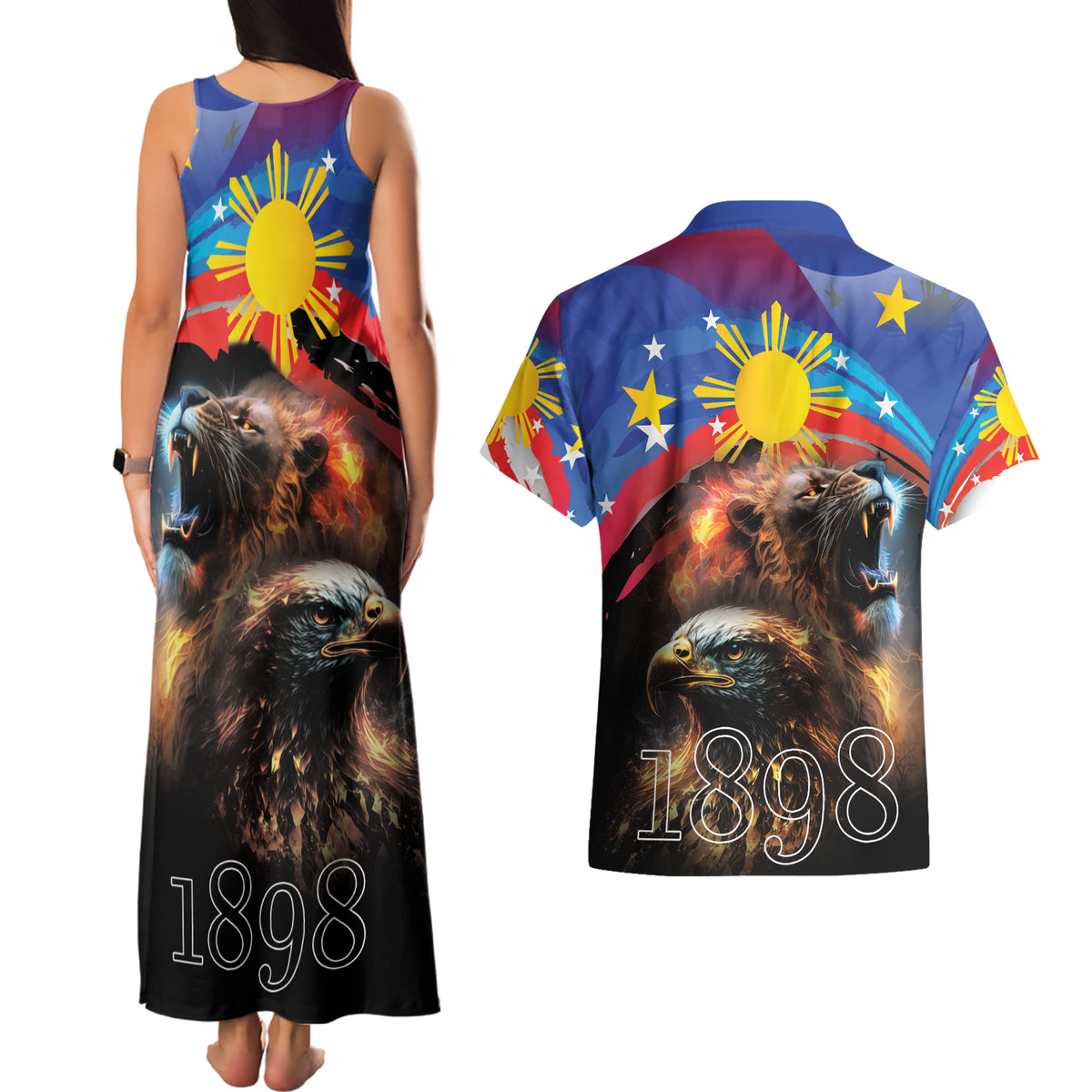 Philippines Lion and Eagle 1898 Couples Matching Tank Maxi Dress and Hawaiian Shirt Pilipinas Maligayang Araw ng Kalayaan