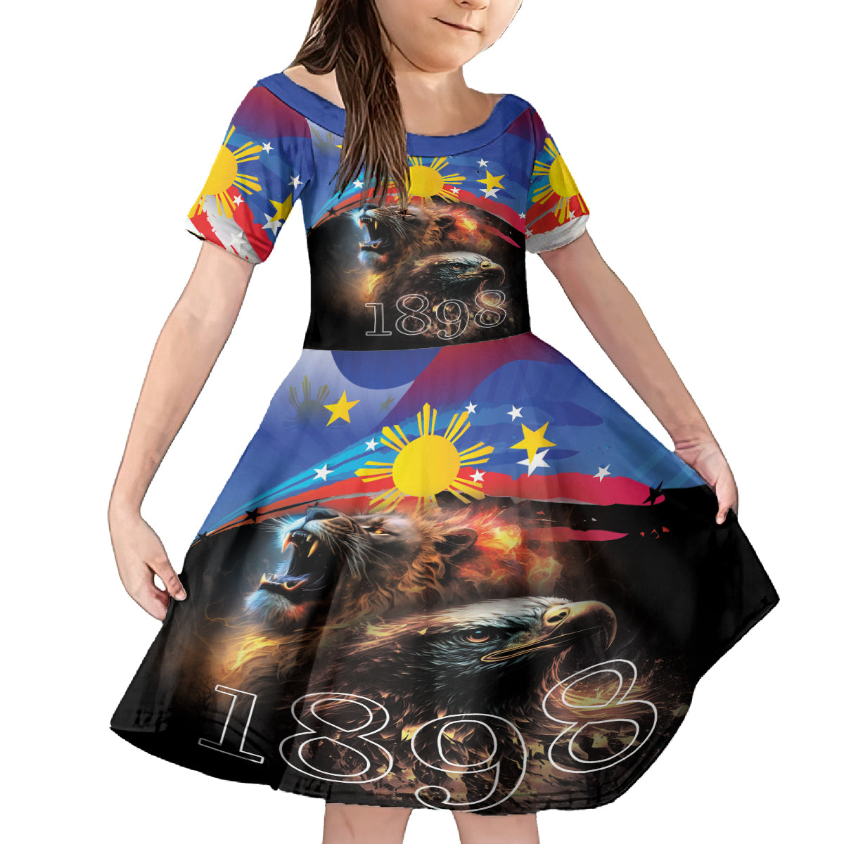 Philippines Lion and Eagle 1898 Family Matching Long Sleeve Bodycon Dress and Hawaiian Shirt Pilipinas Maligayang Araw ng Kalayaan LT9 Daughter's Dress Black - Polynesian Pride