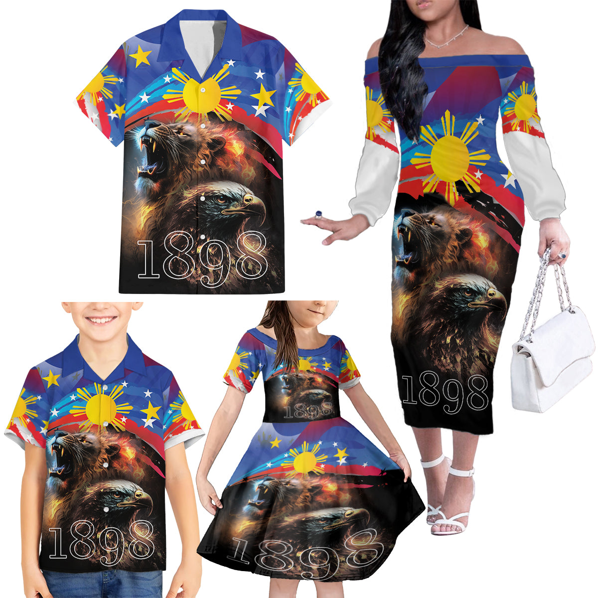Philippines Lion and Eagle 1898 Family Matching Off The Shoulder Long Sleeve Dress and Hawaiian Shirt Pilipinas Maligayang Araw ng Kalayaan LT9 - Polynesian Pride