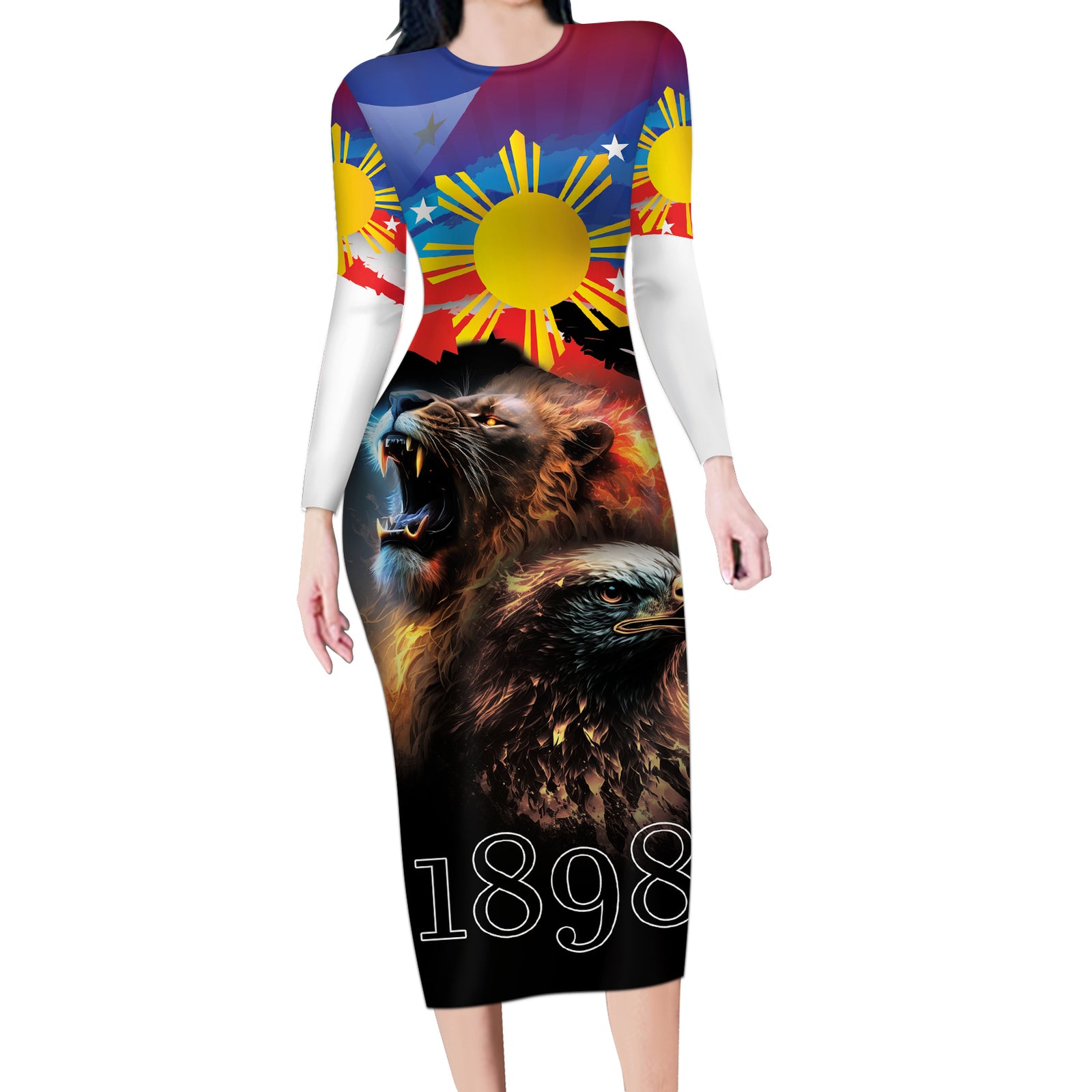 Philippines Lion and Eagle 1898 Long Sleeve Bodycon Dress Pilipinas Maligayang Araw ng Kalayaan LT9 Long Dress Black - Polynesian Pride