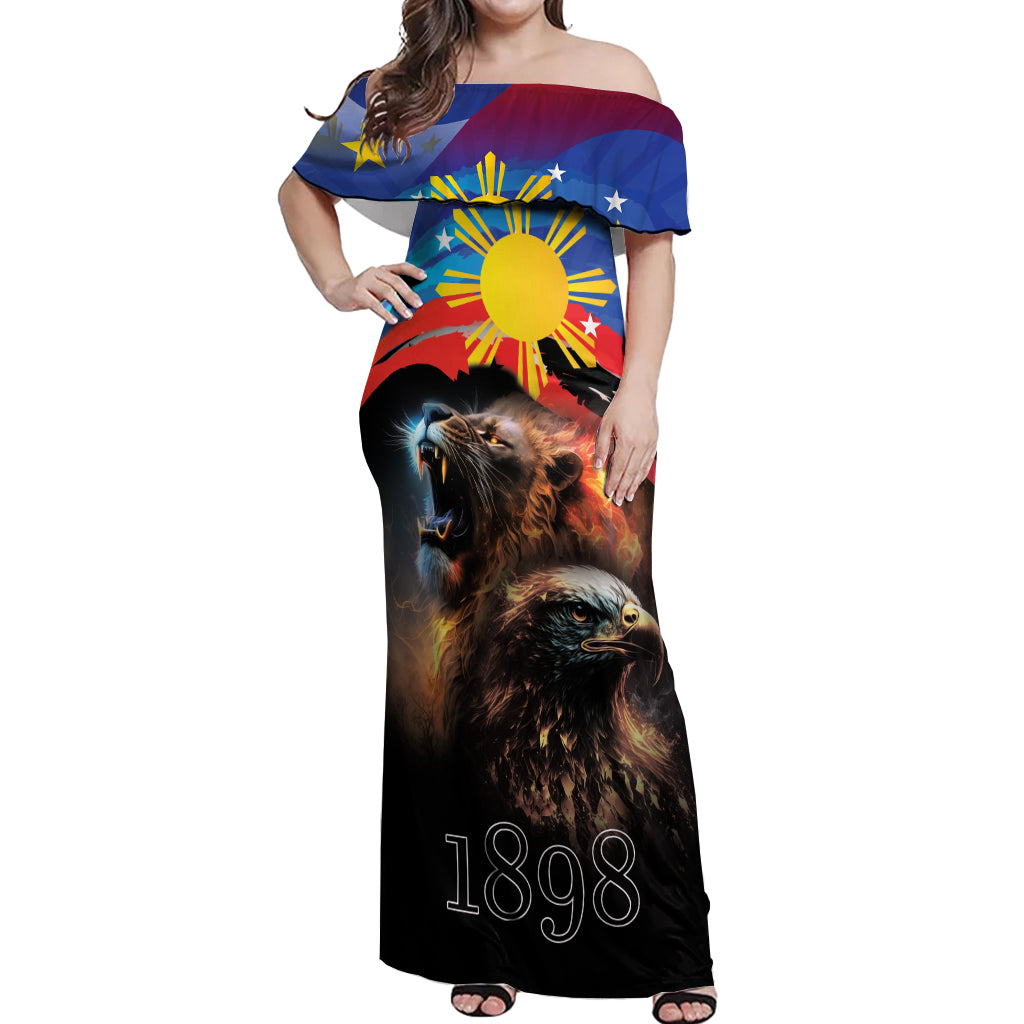 Philippines Lion and Eagle 1898 Off Shoulder Maxi Dress Pilipinas Maligayang Araw ng Kalayaan LT9 Women Black - Polynesian Pride