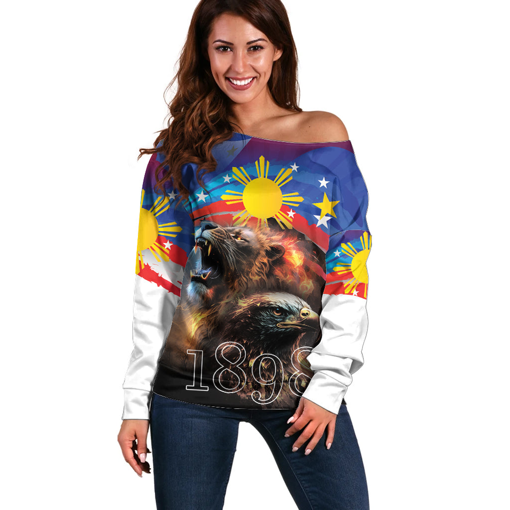 Philippines Lion and Eagle 1898 Off Shoulder Sweater Pilipinas Maligayang Araw ng Kalayaan LT9 Women Black - Polynesian Pride
