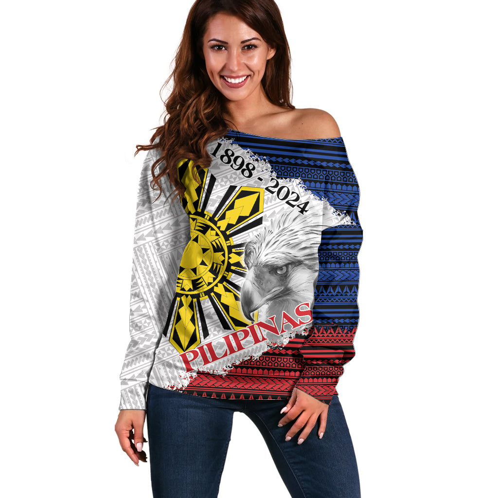 Philippines 126th Independence Day Off Shoulder Sweater Pilipinas Hunyo 12 Maligayang Araw ng Kalayaan LT9 Women White - Polynesian Pride