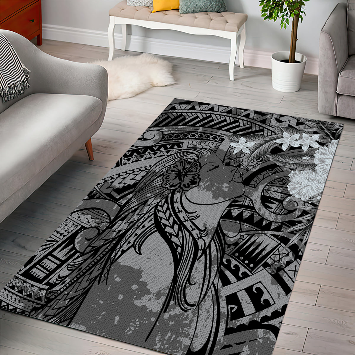 Pacific Beauty Girl Area Rug Black Polyneisan Tribal Vintage Motif
