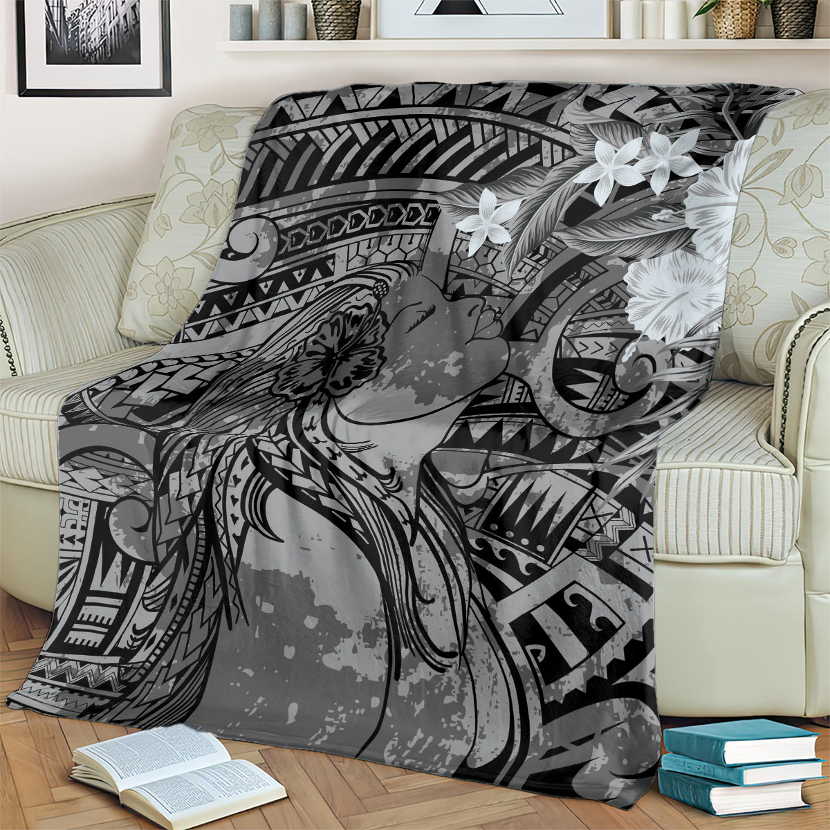 Pacific Beauty Girl Blanket Black Polyneisan Tribal Vintage Motif