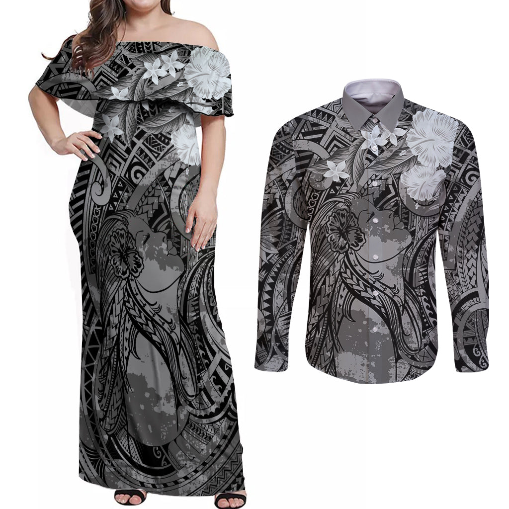 Pacific Beauty Girl Couples Matching Off Shoulder Maxi Dress and Long Sleeve Button Shirt Black Polyneisan Tribal Vintage Motif