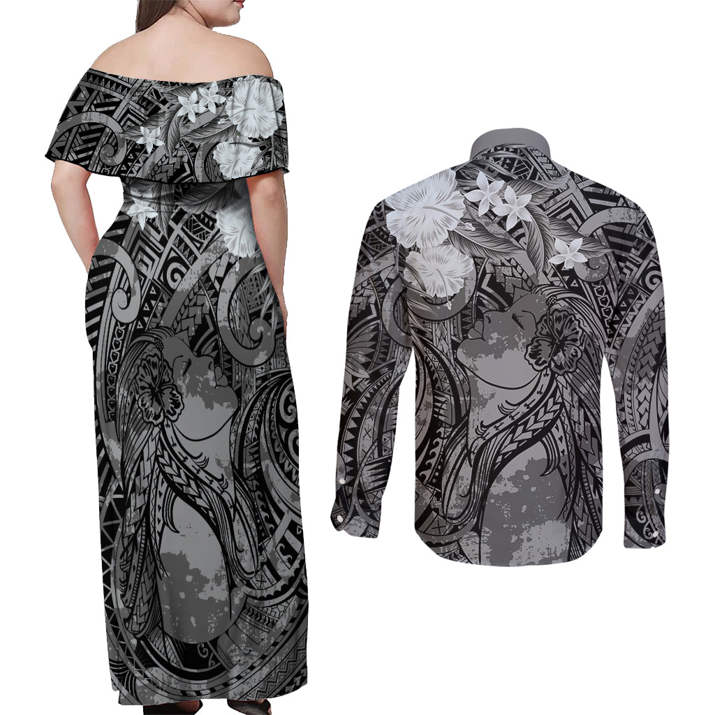 Pacific Beauty Girl Couples Matching Off Shoulder Maxi Dress and Long Sleeve Button Shirt Black Polyneisan Tribal Vintage Motif