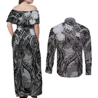 Pacific Beauty Girl Couples Matching Off Shoulder Maxi Dress and Long Sleeve Button Shirt Black Polyneisan Tribal Vintage Motif