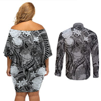 Pacific Beauty Girl Couples Matching Off Shoulder Short Dress and Long Sleeve Button Shirt Black Polyneisan Tribal Vintage Motif