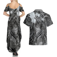 Pacific Beauty Girl Couples Matching Summer Maxi Dress and Hawaiian Shirt Black Polyneisan Tribal Vintage Motif