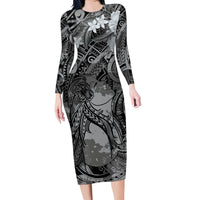 Pacific Beauty Girl Family Matching Long Sleeve Bodycon Dress and Hawaiian Shirt Black Polyneisan Tribal Vintage Motif
