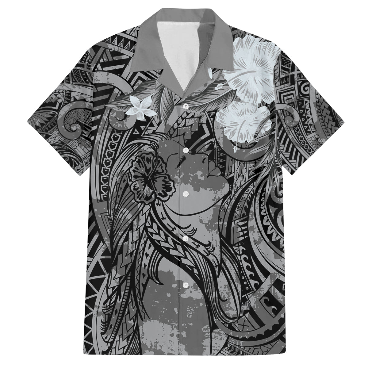 Pacific Beauty Girl Family Matching Off The Shoulder Long Sleeve Dress and Hawaiian Shirt Black Polyneisan Tribal Vintage Motif