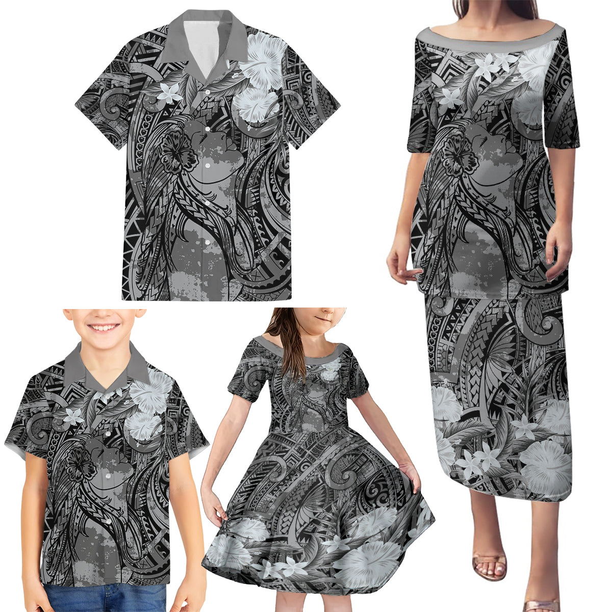 Pacific Beauty Girl Family Matching Puletasi and Hawaiian Shirt Black Polyneisan Tribal Vintage Motif