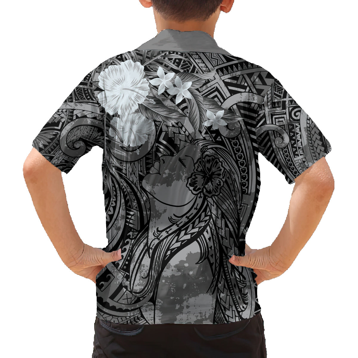 Pacific Beauty Girl Family Matching Tank Maxi Dress and Hawaiian Shirt Black Polyneisan Tribal Vintage Motif