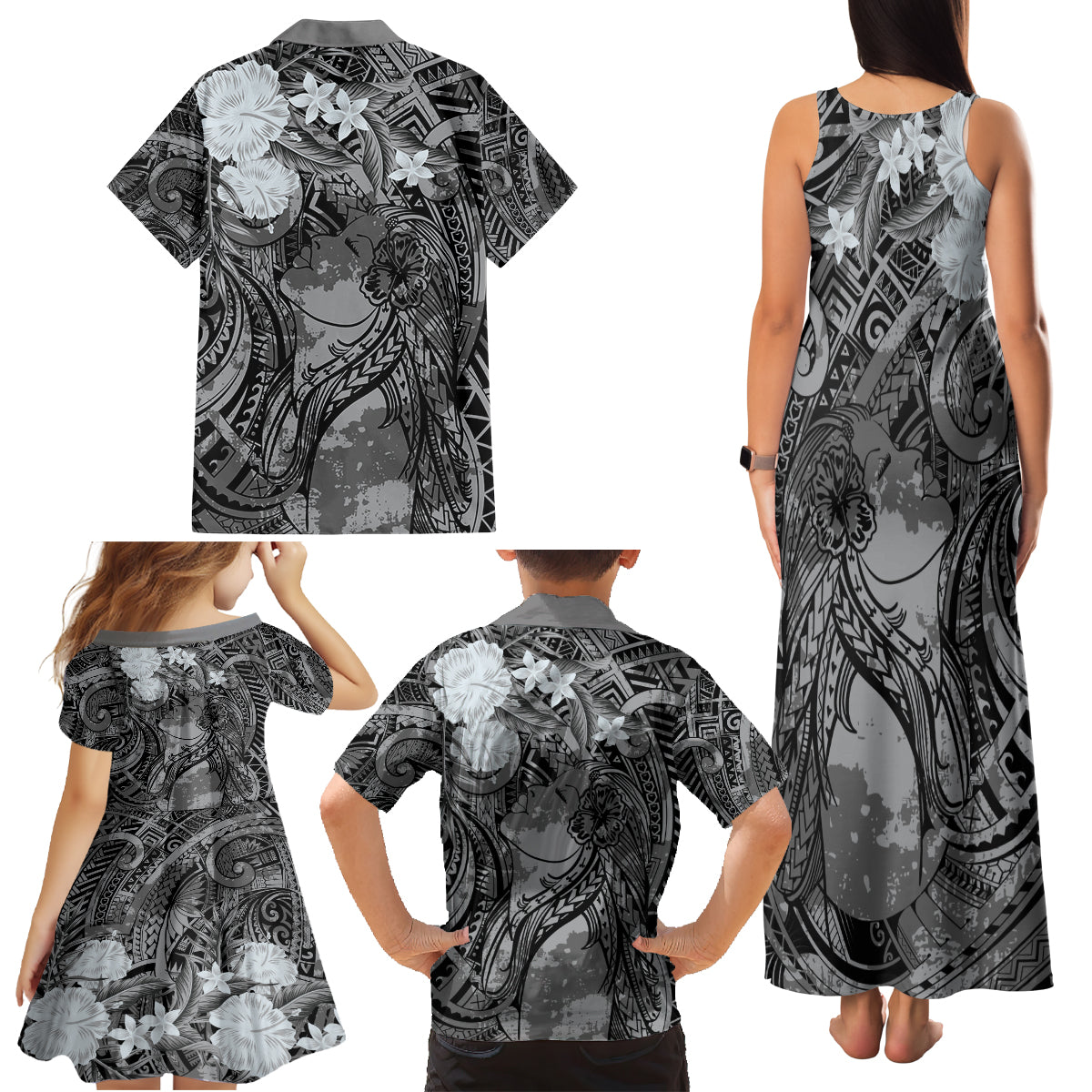 Pacific Beauty Girl Family Matching Tank Maxi Dress and Hawaiian Shirt Black Polyneisan Tribal Vintage Motif