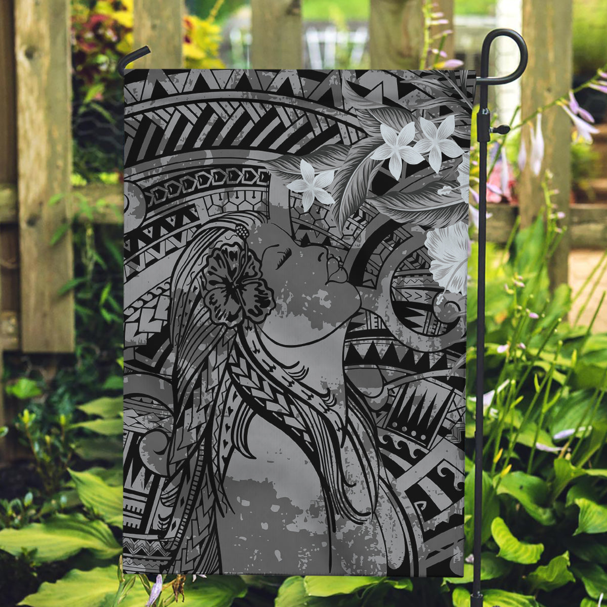 Pacific Beauty Girl Garden Flag Black Polyneisan Tribal Vintage Motif