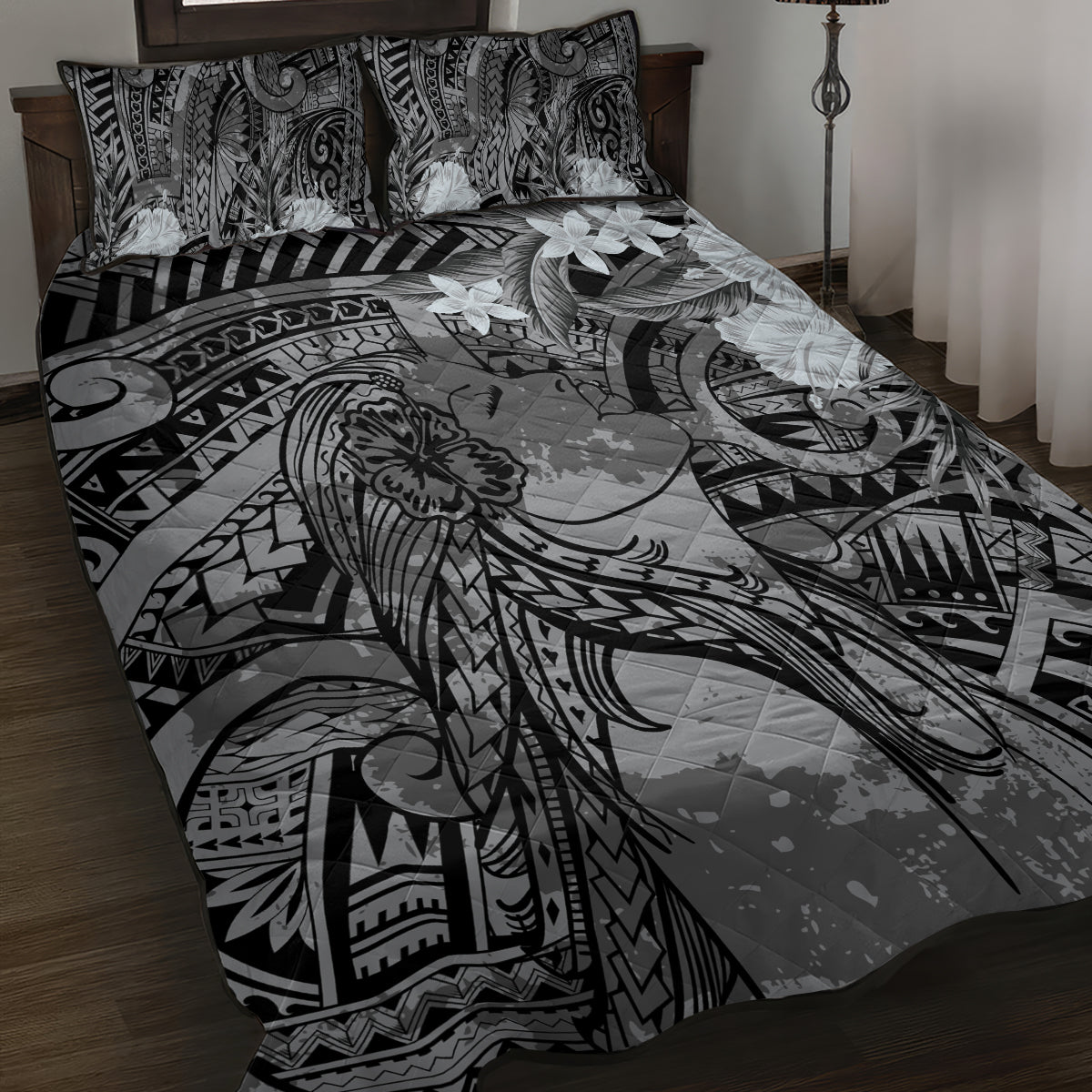 Pacific Beauty Girl Quilt Bed Set Black Polyneisan Tribal Vintage Motif LT9 Black - Polynesian Pride