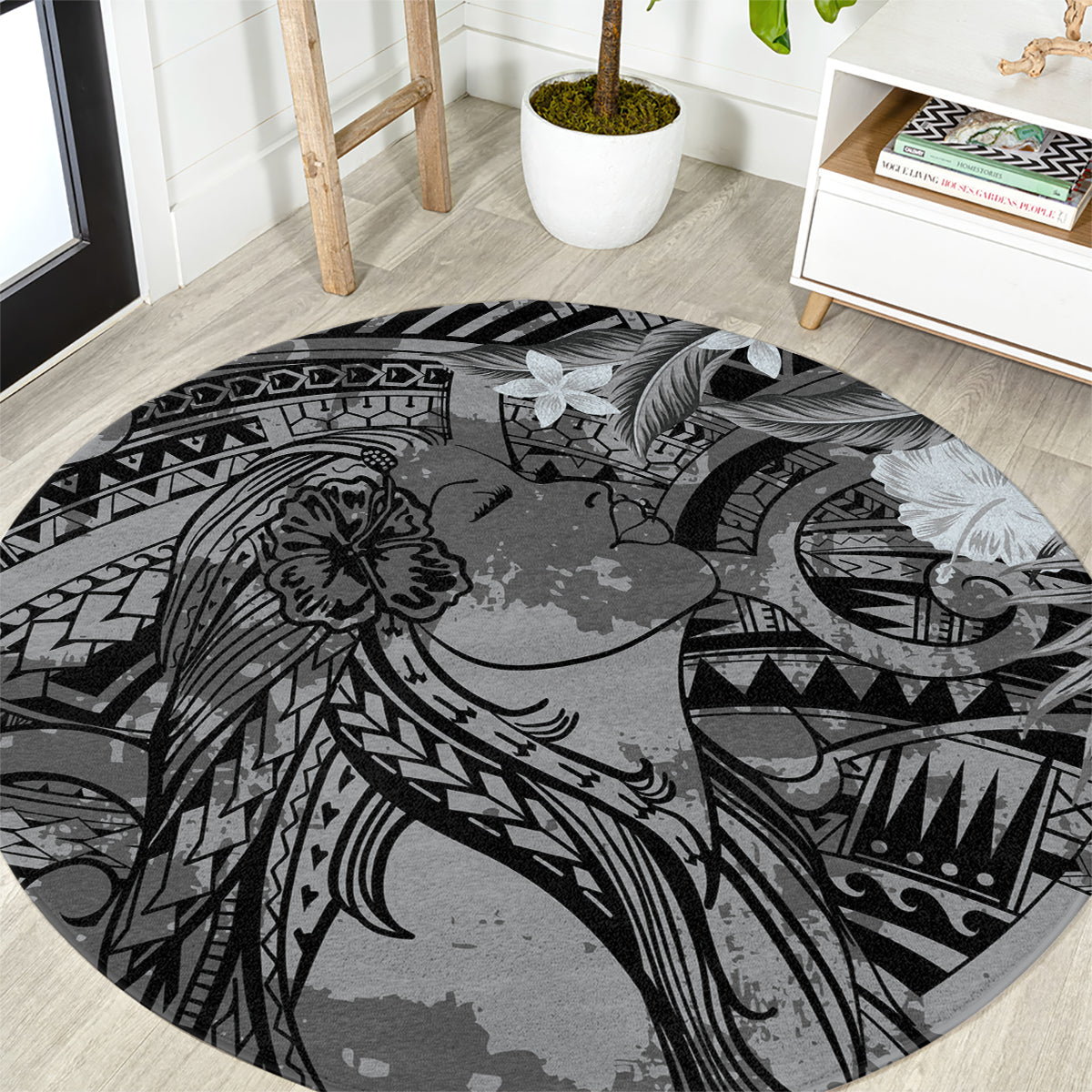 Pacific Beauty Girl Round Carpet Black Polyneisan Tribal Vintage Motif LT9 Black - Polynesian Pride