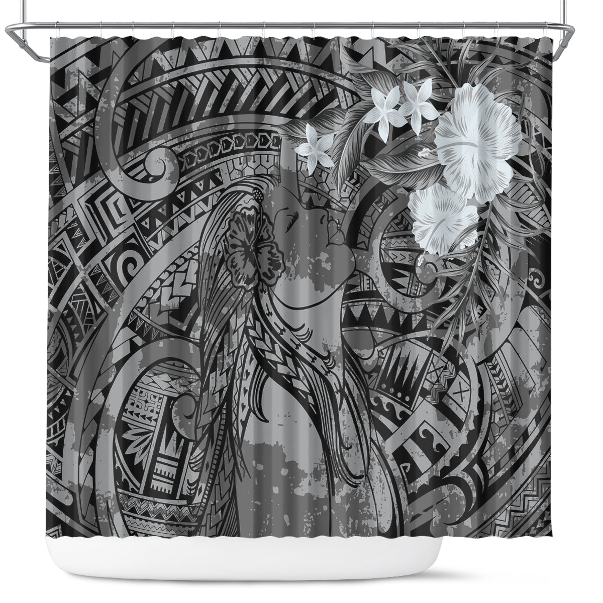 Pacific Beauty Girl Shower Curtain Black Polyneisan Tribal Vintage Motif LT9 Black - Polynesian Pride