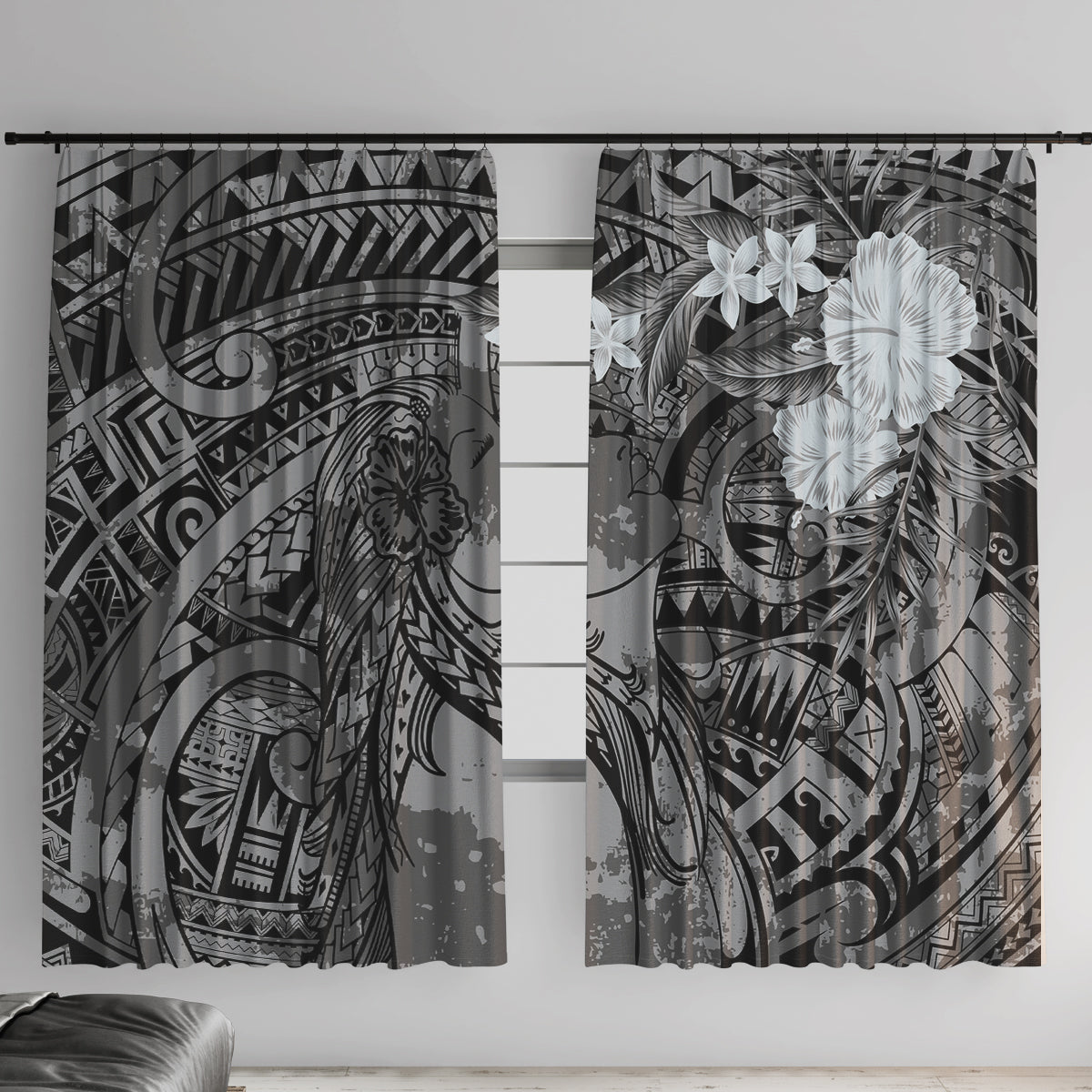 Pacific Beauty Girl Window Curtain Black Polyneisan Tribal Vintage Motif LT9 With Hooks Black - Polynesian Pride