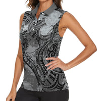 Pacific Beauty Girl Women Sleeveless Polo Shirt Black Polyneisan Tribal Vintage Motif