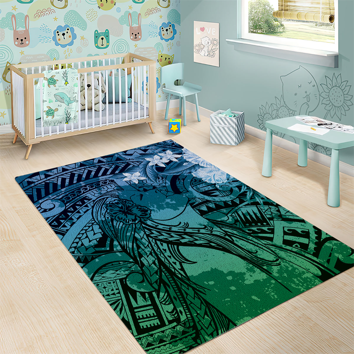 Pacific Beauty Girl Area Rug Blue Polyneisan Tribal Vintage Motif