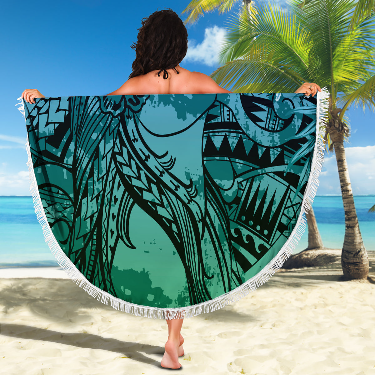 Pacific Beauty Girl Beach Blanket Blue Polyneisan Tribal Vintage Motif