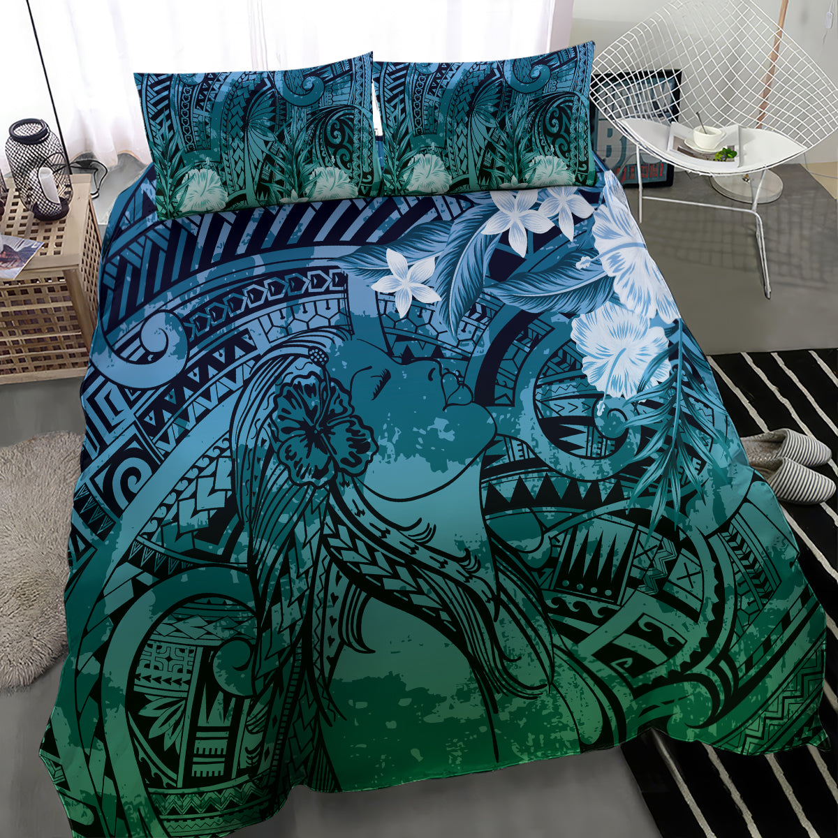 Pacific Beauty Girl Bedding Set Blue Polyneisan Tribal Vintage Motif