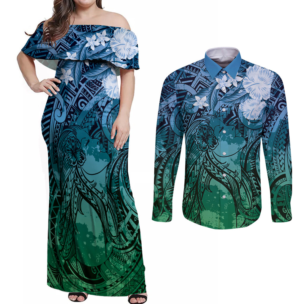 Pacific Beauty Girl Couples Matching Off Shoulder Maxi Dress and Long Sleeve Button Shirt Blue Polyneisan Tribal Vintage Motif