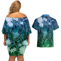 Pacific Beauty Girl Couples Matching Off Shoulder Short Dress and Hawaiian Shirt Blue Polyneisan Tribal Vintage Motif