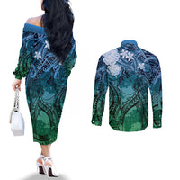 Pacific Beauty Girl Couples Matching Off The Shoulder Long Sleeve Dress and Long Sleeve Button Shirt Blue Polyneisan Tribal Vintage Motif