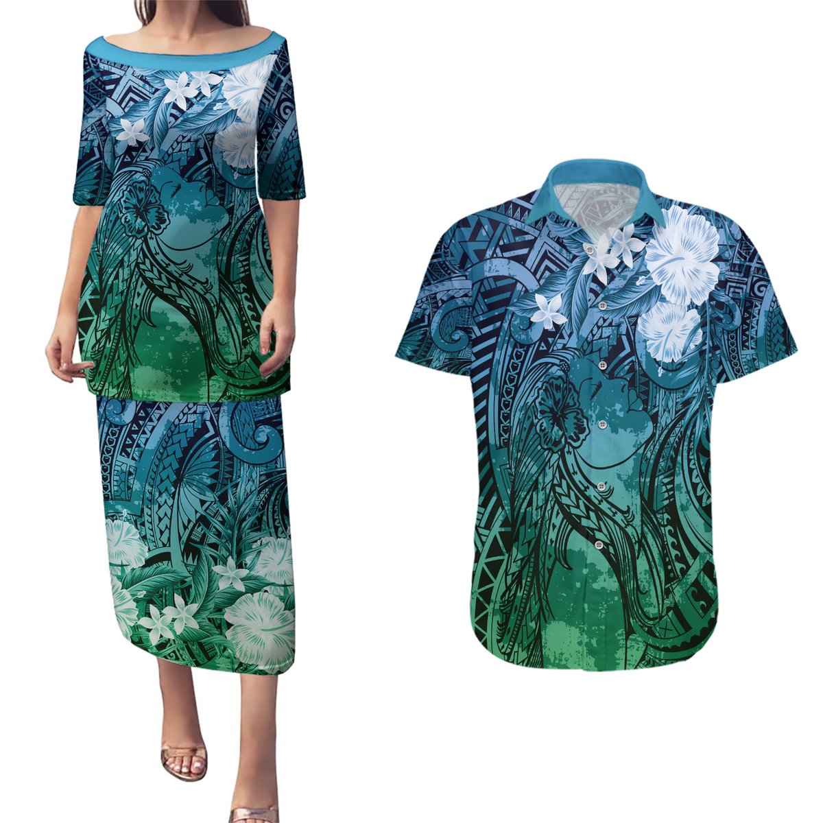 Pacific Beauty Girl Couples Matching Puletasi and Hawaiian Shirt Blue Polyneisan Tribal Vintage Motif