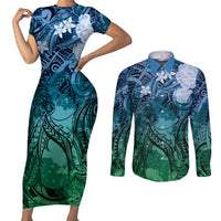Pacific Beauty Girl Couples Matching Short Sleeve Bodycon Dress and Long Sleeve Button Shirt Blue Polyneisan Tribal Vintage Motif