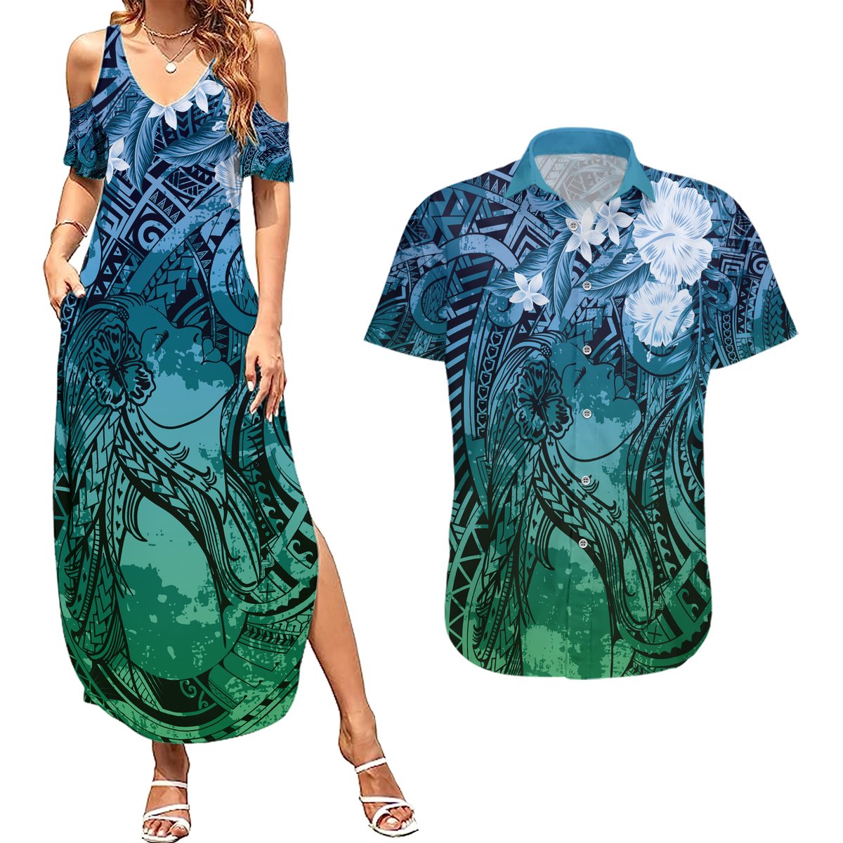 Pacific Beauty Girl Couples Matching Summer Maxi Dress and Hawaiian Shirt Blue Polyneisan Tribal Vintage Motif