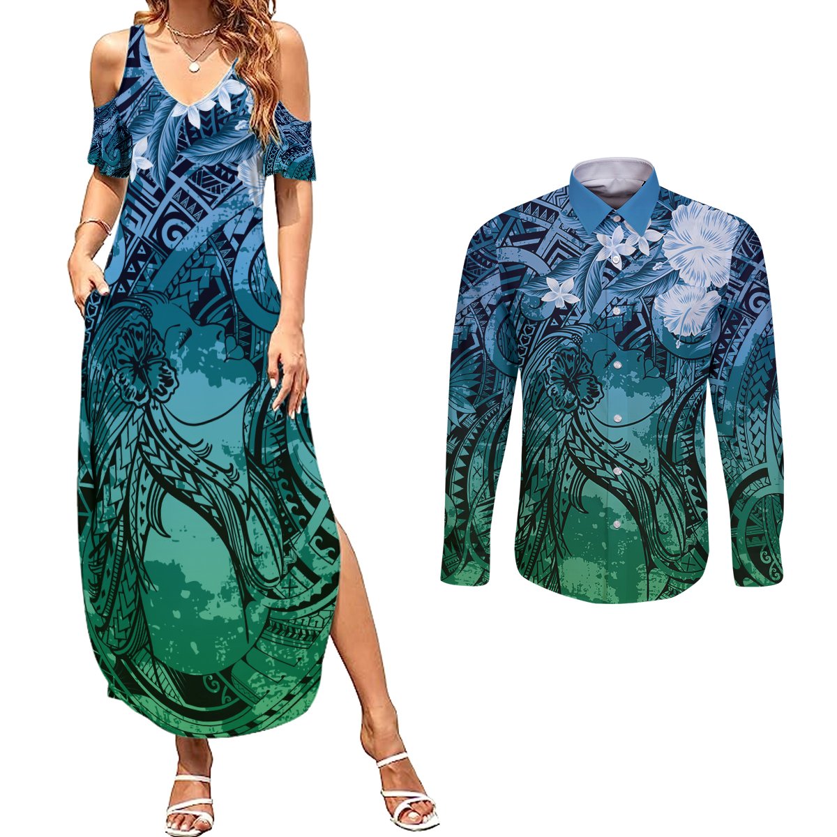 Pacific Beauty Girl Couples Matching Summer Maxi Dress and Long Sleeve Button Shirt Blue Polyneisan Tribal Vintage Motif