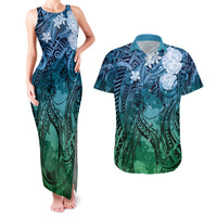 Pacific Beauty Girl Couples Matching Tank Maxi Dress and Hawaiian Shirt Blue Polyneisan Tribal Vintage Motif