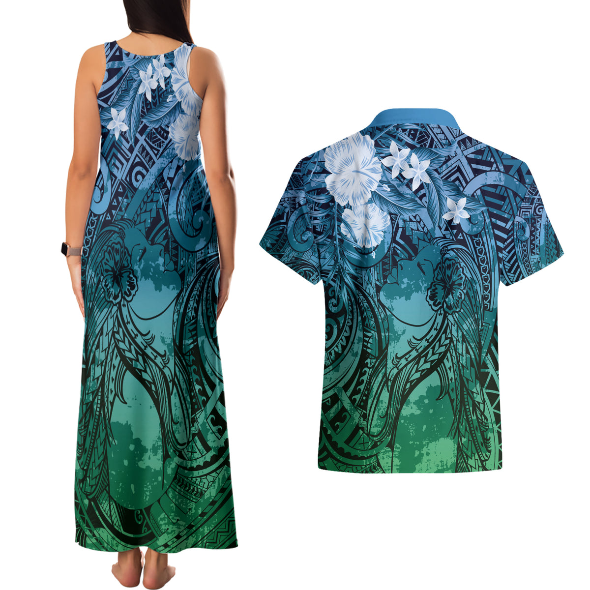 Pacific Beauty Girl Couples Matching Tank Maxi Dress and Hawaiian Shirt Blue Polyneisan Tribal Vintage Motif