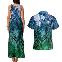 Pacific Beauty Girl Couples Matching Tank Maxi Dress and Hawaiian Shirt Blue Polyneisan Tribal Vintage Motif