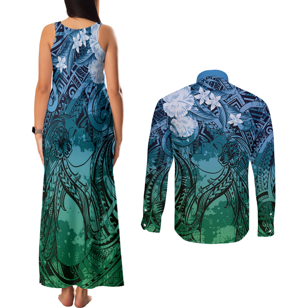 Pacific Beauty Girl Couples Matching Tank Maxi Dress and Long Sleeve Button Shirt Blue Polyneisan Tribal Vintage Motif