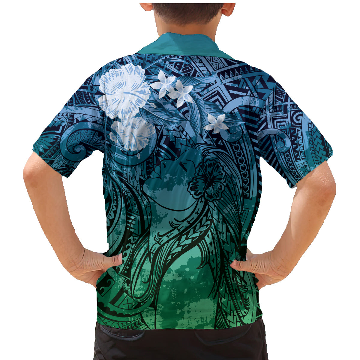 Pacific Beauty Girl Family Matching Mermaid Dress and Hawaiian Shirt Blue Polyneisan Tribal Vintage Motif