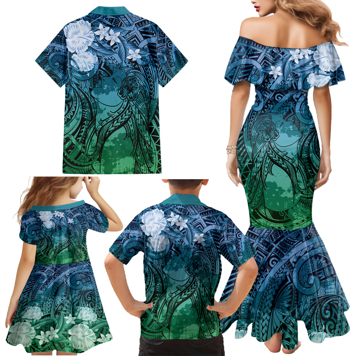 Pacific Beauty Girl Family Matching Mermaid Dress and Hawaiian Shirt Blue Polyneisan Tribal Vintage Motif