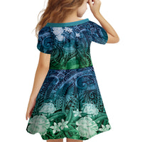 Pacific Beauty Girl Family Matching Off The Shoulder Long Sleeve Dress and Hawaiian Shirt Blue Polyneisan Tribal Vintage Motif