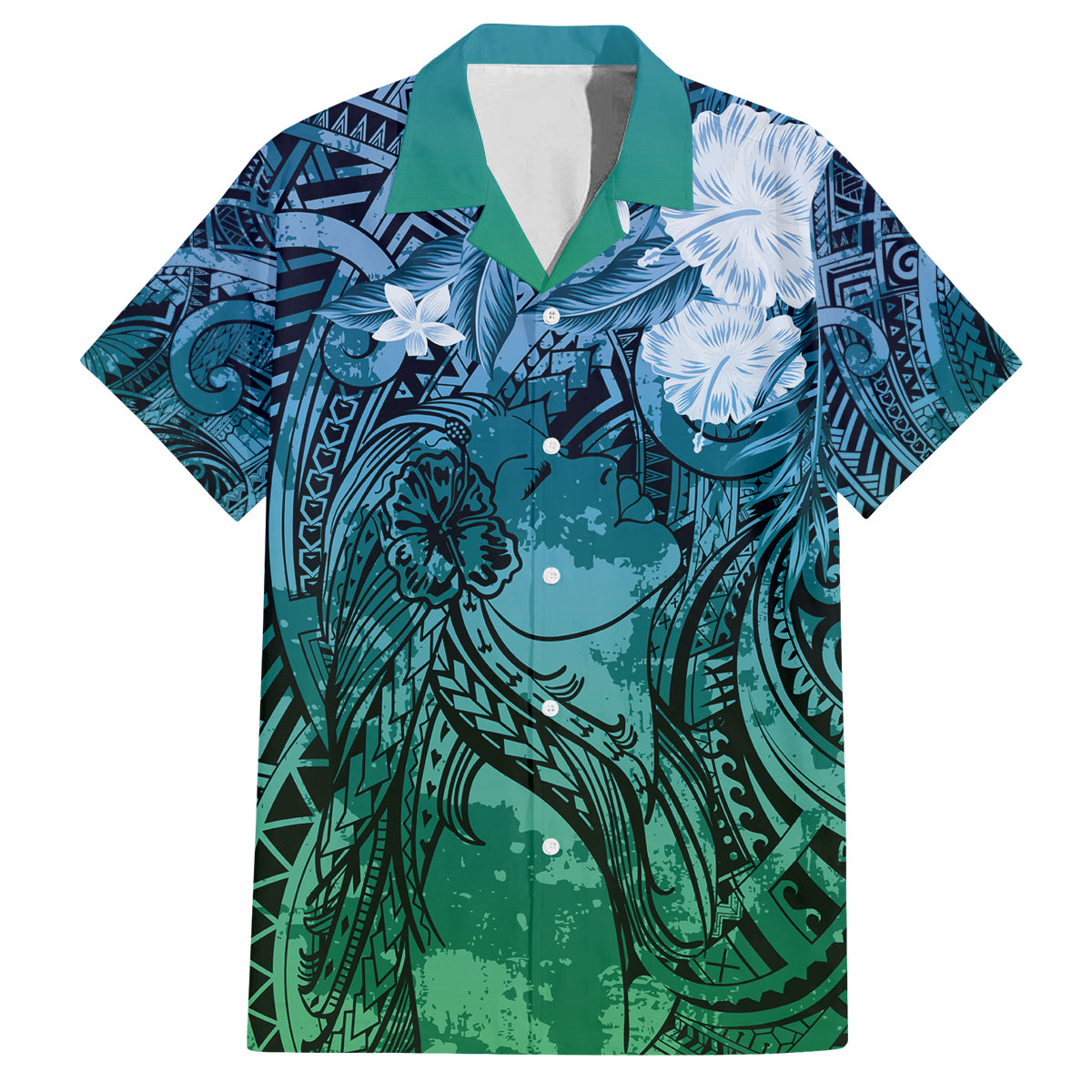 Pacific Beauty Girl Family Matching Off The Shoulder Long Sleeve Dress and Hawaiian Shirt Blue Polyneisan Tribal Vintage Motif
